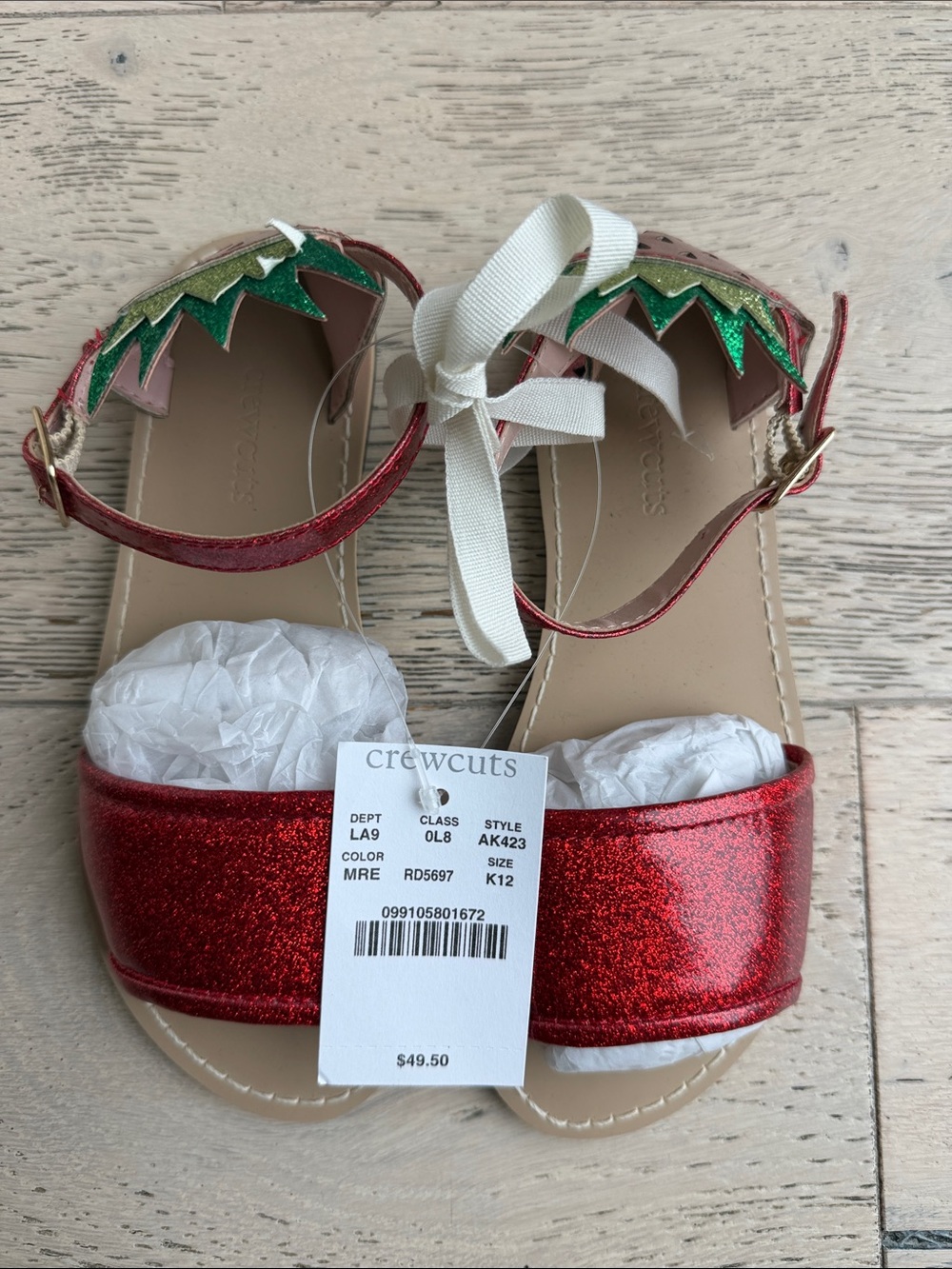 Crewcuts Red Glitter Strawberry Strap Sandals with Green Accent